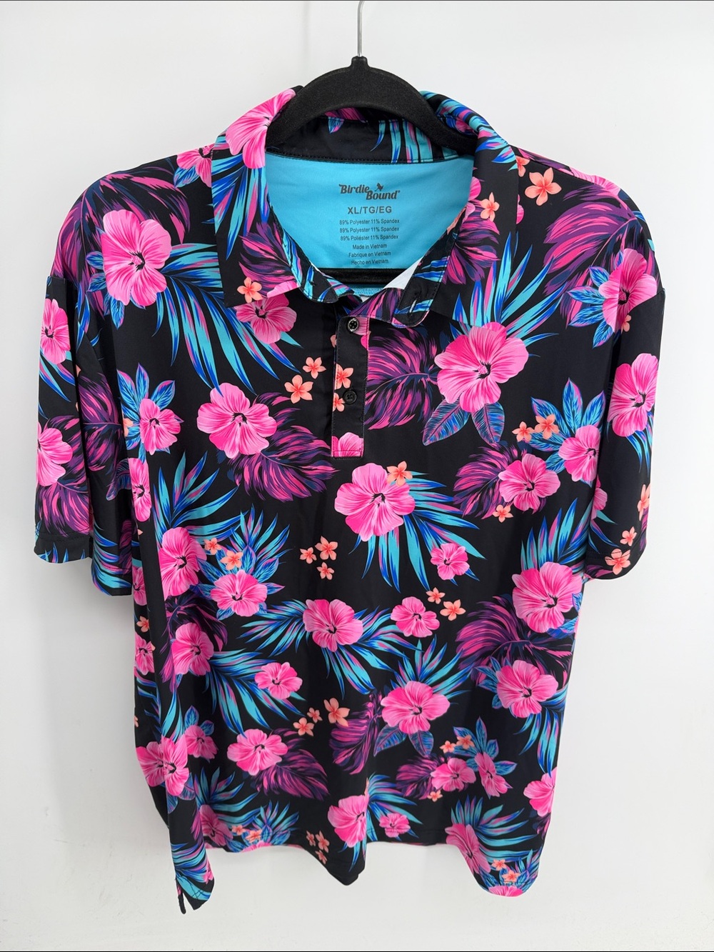 Birdie Bound performance golf hibiscus Hawaiian floral print polo shirt sz XL